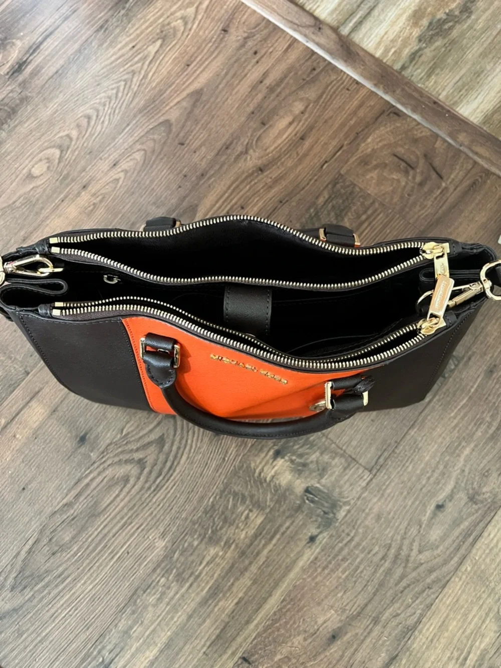 Michael Kors Orange and Brown Saffiano Leather Satchel with Gold MK Charm-EUC - Picture 7 of 7